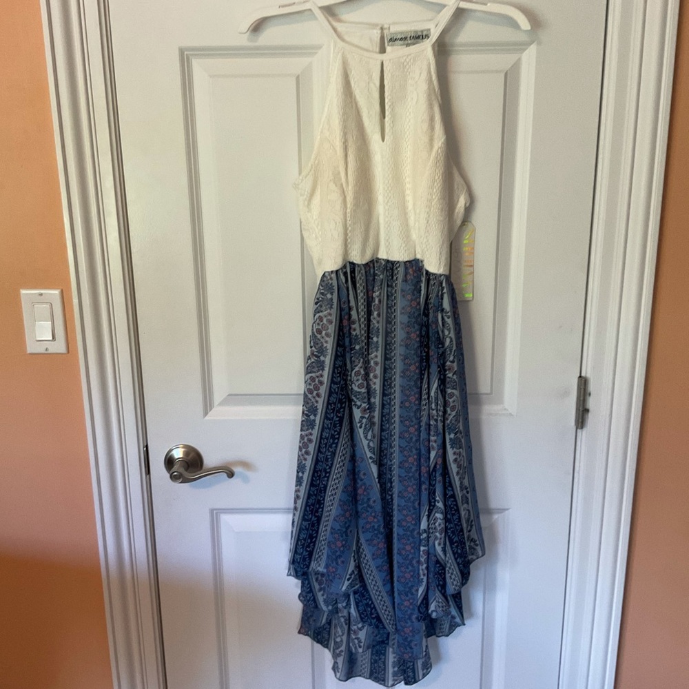 White crochet and blue patterned high-low dress